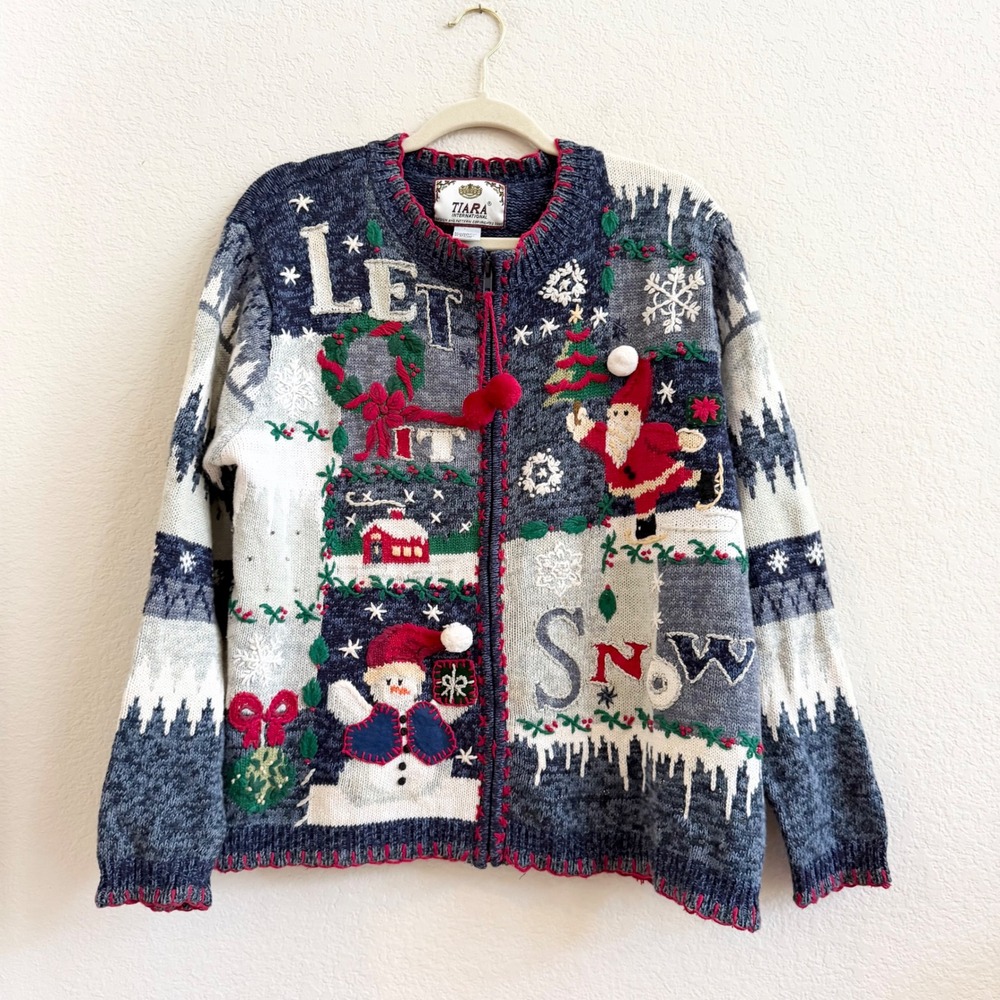 Tiara International Vintage Let It Snow Ugly Christmas Sweater Zip Cardigan M
